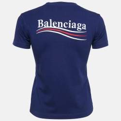 Pre Owned Balenciaga Blue Logo Embroidered Cotton Political Campaign T-Shirt XS
