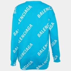 Pre Owned Balenciaga Blue All Over Logo Intarsia Knit Cardigan S