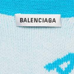 Pre Owned Balenciaga Blue All Over Logo Intarsia Knit Cardigan S