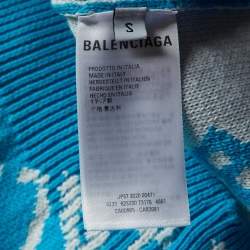 Pre Owned Balenciaga Blue All Over Logo Intarsia Knit Cardigan S