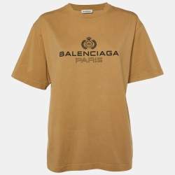Pre Owned Balenciaga Beige Logo Print Cotton Crew Neck T-Shirt S