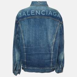 Pre Owned Balenciaga Blue Denim Distressed Collar Detail Oversized Jacket M