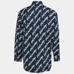 Pre Owned Balenciaga Midnight Blue Logo Print Cotton Unisex Oversized Shirt M
