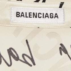 Pre Owned Balenciaga White Logo Print Jacquard Silk Button Front Blouse S