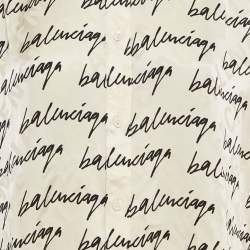 Pre Owned Balenciaga White Logo Print Jacquard Silk Button Front Blouse S