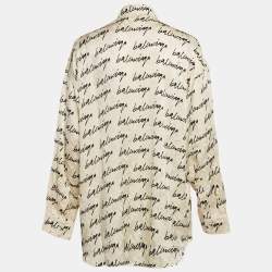 Pre Owned Balenciaga White Logo Print Jacquard Silk Button Front Blouse S