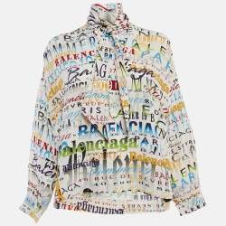 Pre Owned Balenciaga Multicolor Silk Logo Print Tie-Up Neck Detail Blouse S