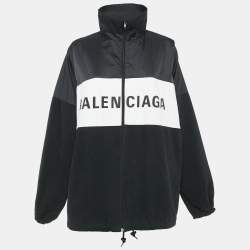 Balenciaga Black Logo Print Nylon and Denim Zip-Up Oversized Jacket S