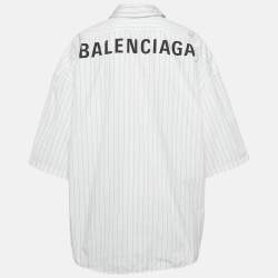 Pre Owned Balenciaga White Logo Printed Stripe Cotton Button Front Oversized Shirt S