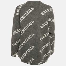Pre Owned Balenciaga Grey Logo Intarsia Wool Knit Sweater S