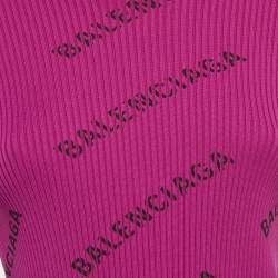 Pre Owned Balenciaga Purple Logo Print Rib Knit Long Sleeve Jumper M