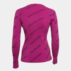 Pre Owned Balenciaga Purple Logo Print Rib Knit Long Sleeve Jumper M