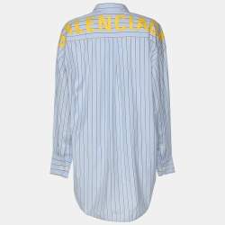 Pre Owned Balenciaga Blue Striped Cotton Logo Print Oversized Shirt S