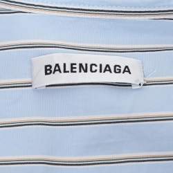 Pre Owned Balenciaga Blue Striped Cotton Logo Print Oversized Shirt S
