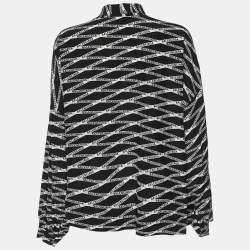 Pre Owned Balenciaga Black Zig Zag Logo Printed Silk Neck Tie Detail Top M
