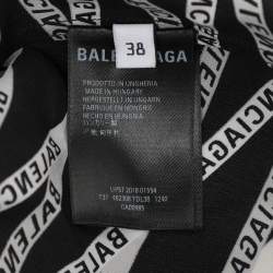 Pre Owned Balenciaga Black Zig Zag Logo Printed Silk Neck Tie Detail Top M