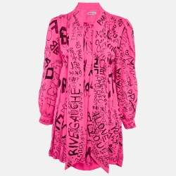Balenciaga Fluorescent Pink Graffiti Print Chiffon Pleated Mini Dress S