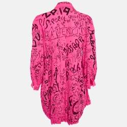 Balenciaga Fluorescent Pink Graffiti Print Chiffon Pleated Mini Dress S