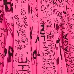 Balenciaga Fluorescent Pink Graffiti Print Chiffon Pleated Mini Dress S