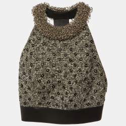 Balenciaga Black/White Eyelet and Ring Embellished Tweed Halter Neck Top M