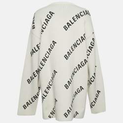 Balenciaga Off-White Monogram Jacquard Knit Crew Neck Sweater S