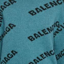 Balenciaga Blue Logo Intarsia Wool Crewneck Sweater M