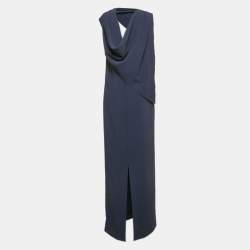 Pre Owned Balenciaga Navy Blue Crepe Drape Shoulder Maxi Dress M