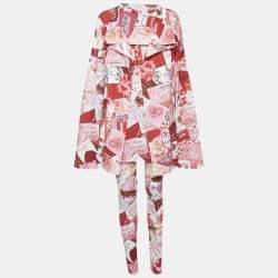 Balenciaga Multicolor Graphic Printed Cotton Knit Tie Detail Oversized Top & Leggings Set L