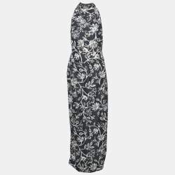 Balenciaga Navy Blue Floral Print Crepe Silk Sleeveless Gown L