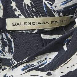 Balenciaga Navy Blue Floral Print Crepe Silk Sleeveless Gown L