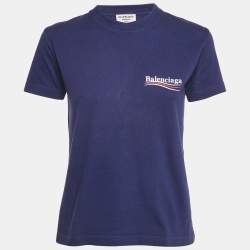 Balenciaga Ink Blue Logo Print Cotton Crew Neck T-Shirt M 