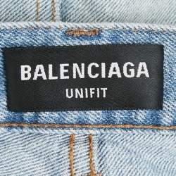 Pre Owned Balenciaga Unifit Blue Denim Distressed Wide Leg Jeans L