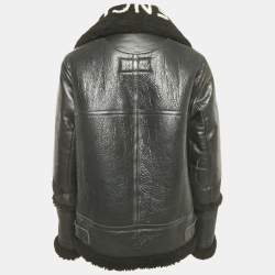 Pre Owned Balenciaga Black Logo Print Leather and Shearling Oversized Jacket S