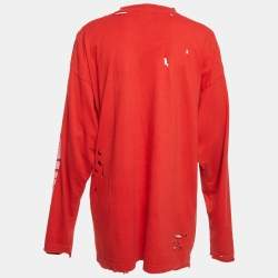 Pre Owned Balenciaga Unifit Red Logo Print Distressed Oversize T-Shirt L