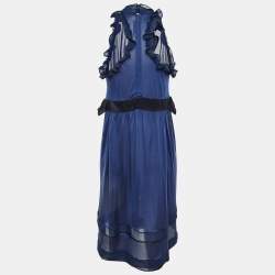 Pre Owned Balenciaga Navy Blue Silk Knit Ruffle Knit Mini Dress M