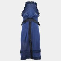 Pre Owned Balenciaga Navy Blue Silk Knit Ruffle Knit Mini Dress M