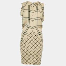 Pre Owned Balenciaga Beige Checked Wool Knee Length Dress M