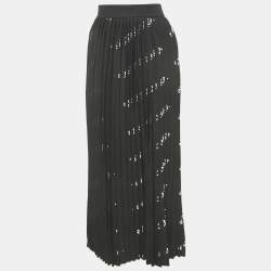 Pre Owned Balenciaga Black All-Over Logo Print Knit Pleated Midi Skirt M