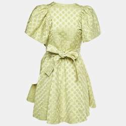 Pre Owned Balenciaga Green Dotted Silk Jacquard Midi Dress M