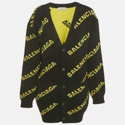 Pre Owned Balenciaga Black Logo Intarsia Wool Knit Long Cardigan L