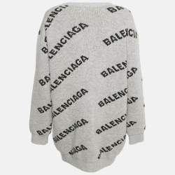Pre Owned Balenciaga Grey Logo All Over Wool Knit Cardigan M