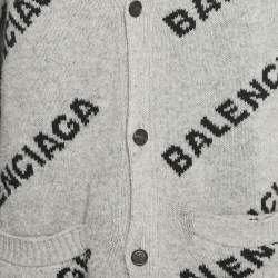 Pre Owned Balenciaga Grey Logo All Over Wool Knit Cardigan M