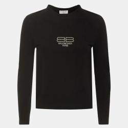 Pre Owned Balenciaga Unisex Black Logo Rhinestone Jersey Fitted T-Shirt M