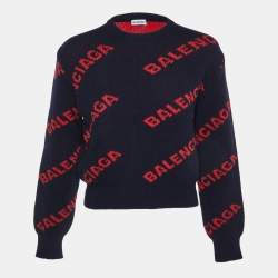 Pre Owned Balenciaga Navy Blue Logo Intarsia Wool Crew Neck Sweater XS