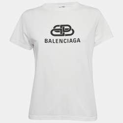 Pre Owned Balenciaga White BB Logo Print Cotton Crewneck-Shirt M