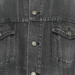 Pre Owned Balenciaga Black Logo Print Denim Distressed Collar Detail Denim Jacket S