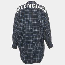 Pre Owned Balenciaga Navy Blue Logo Print Flannel Cotton Oversized Shirt S