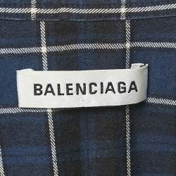 Pre Owned Balenciaga Navy Blue Logo Print Flannel Cotton Oversized Shirt S