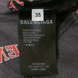 Pre Owned Balenciaga Black Logo Print Satin Silk Asymmetric Midi Skirt M