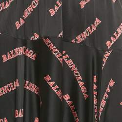 Pre Owned Balenciaga Black Logo Print Satin Silk Asymmetric Midi Skirt M